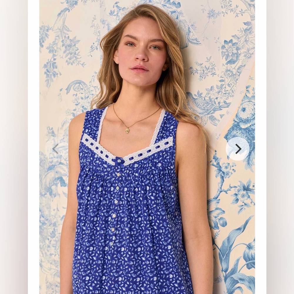 Eileen West Navy Floral Lace-Trimmed Sleeveless Nightgown 100% Cotton